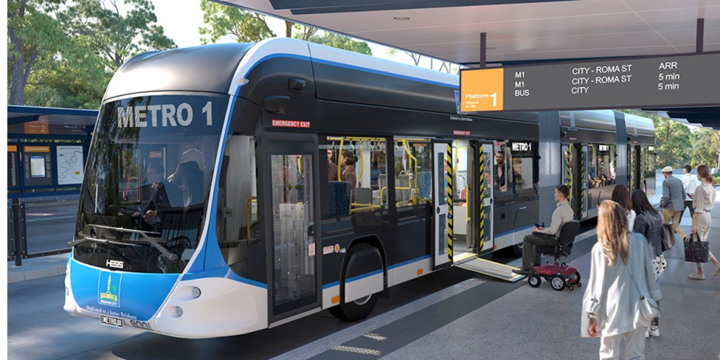 3d render of the new Brisbane cultural centre metro station, electric busses
