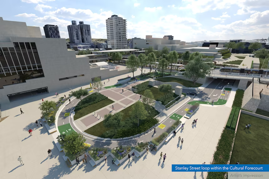 3d render aerial view of the development occurring to the Stanley Street loop within the Cultural Forecourt