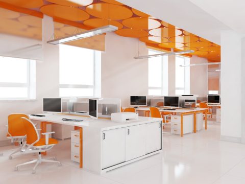 Modern office 3D Render with orange chairs and ceiling feature